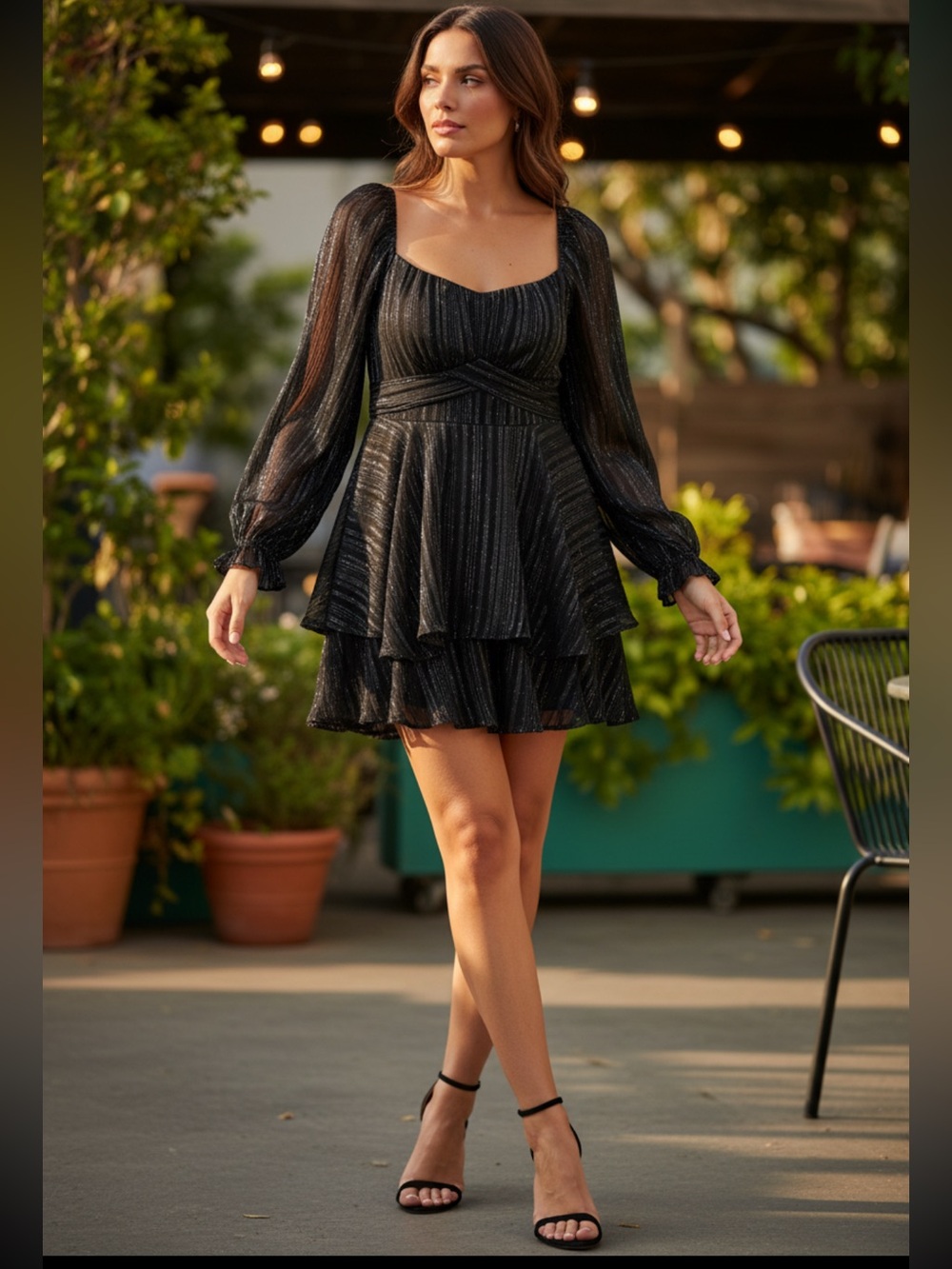 Pink Clover Black Metallic Stripe Tiered Mini Dress with Puff Sleeves